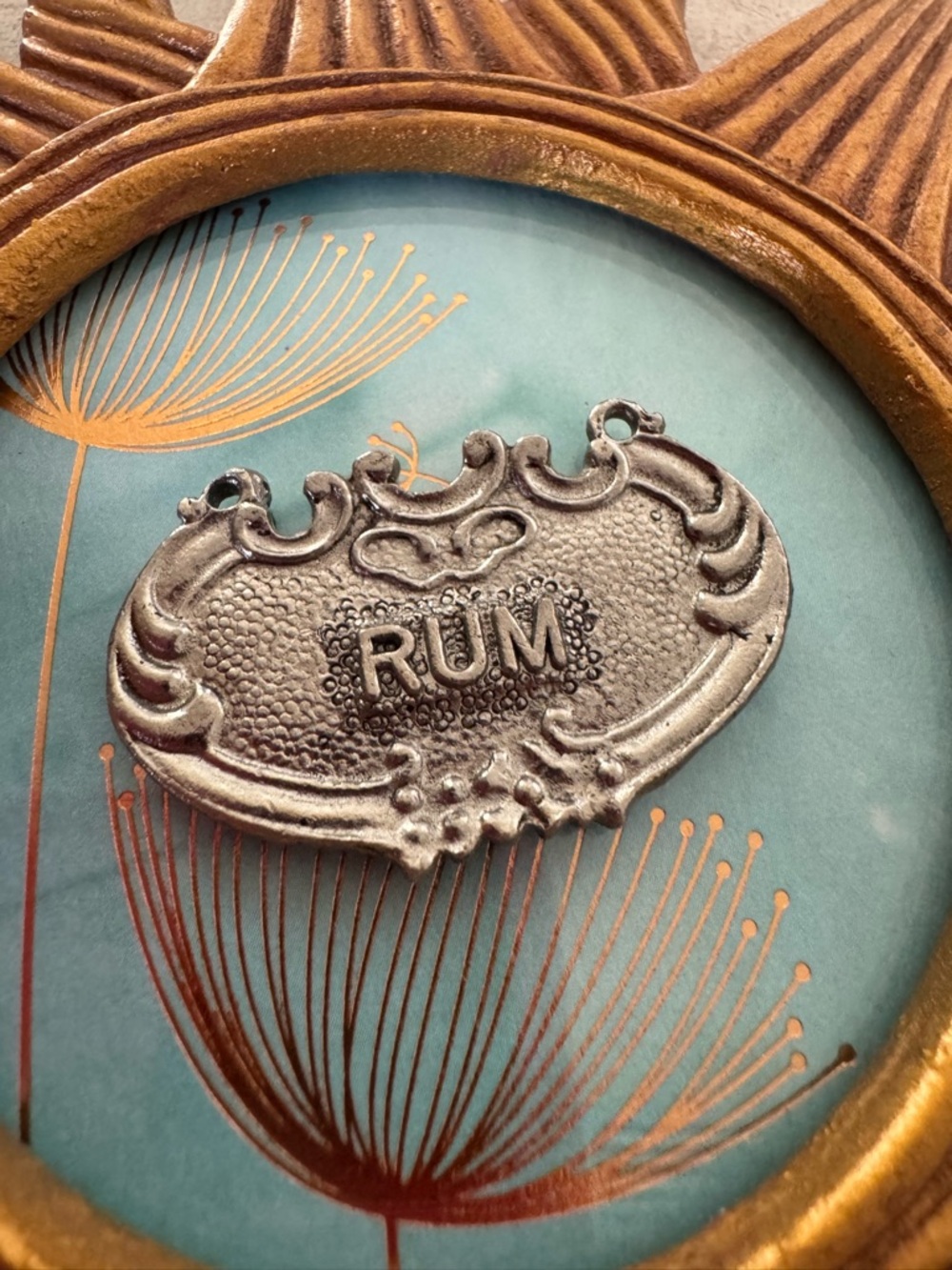 Vintage Metal Liquor Decanter Bottle Tag Reversible Rum Brandy Bar Barware